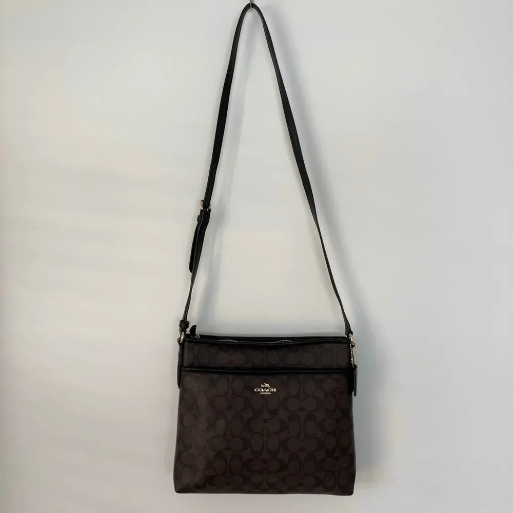 Coach File Crossbody Messenger Bag Signature Coated Canvas in Brown Black F34823